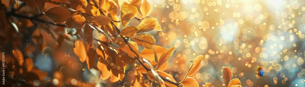 Fototapeta premium Golden autumn leaves with soft sunlight filtering through.