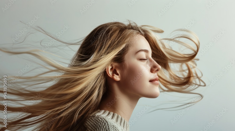 Close-up of a long-haired blonde's face against a simple neutral background. The concept of improving the appearance of hair, revealing femininity and attractiveness, developing a hairdressing busines Close-up of a long-haired blonde's face against a simple neutral background. The concept of improving the appearance of hair, revealing femininity and attractiveness, developing a hairdressing busines