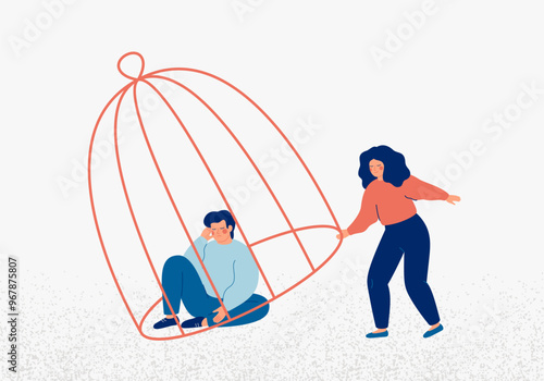 Psychologist frees man from cage. Healing anxiety, depression, addiction by accepting reality. PTSD therapy and psychiatric help for males. Open mind and self-awareness concept. Vector illustration