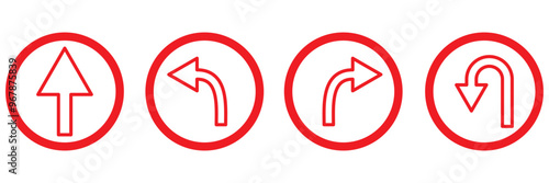 Go Straight This Way One Way Only U Turn Left and Right Black Arrow Sign Direction Icon Set. Vector Image.