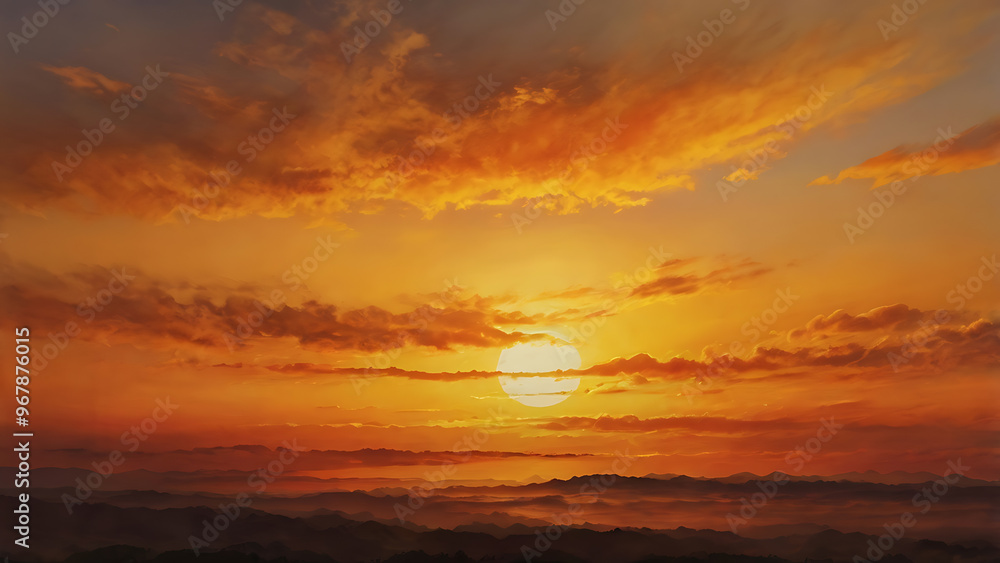 Fototapeta premium Vibrant sunset over mountain landscape with clouds, A breathtaking sunset with vivid orange and yellow hues illuminating the sky, casting shadows over a distant mountain range and clouds.