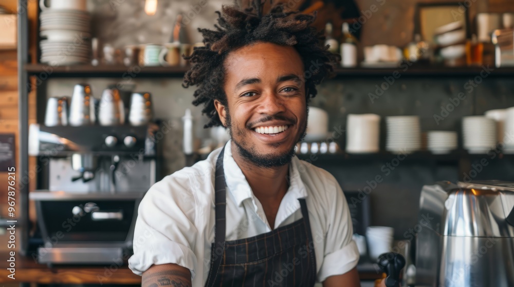 Fototapeta premium Portrait of young happy African American barista in cafe