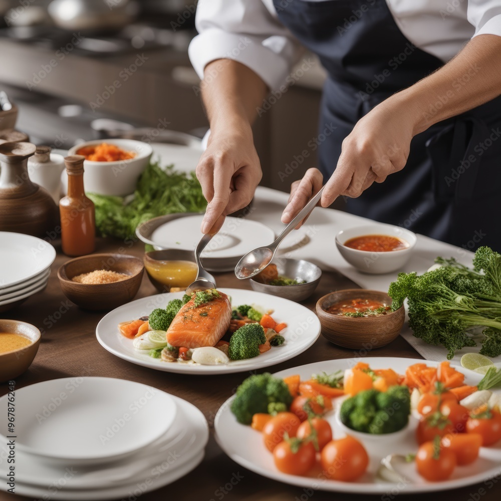 Chef prepares dish at countertop with various ingredients. Chef prepares dish at countertop with various ingredients.