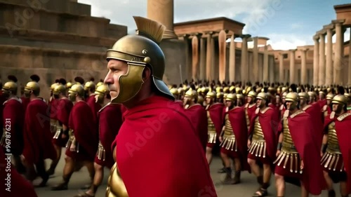 Roman Soldiers in Traditional Armor Standing in Formation by Classical Architecture
