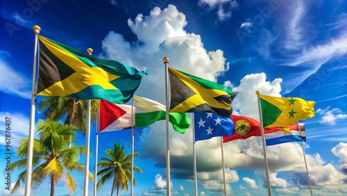 Vibrant flags of various Caribbean islands, including Jamaica, Barbados, and St. Lucia, waving in the tropical breeze photo