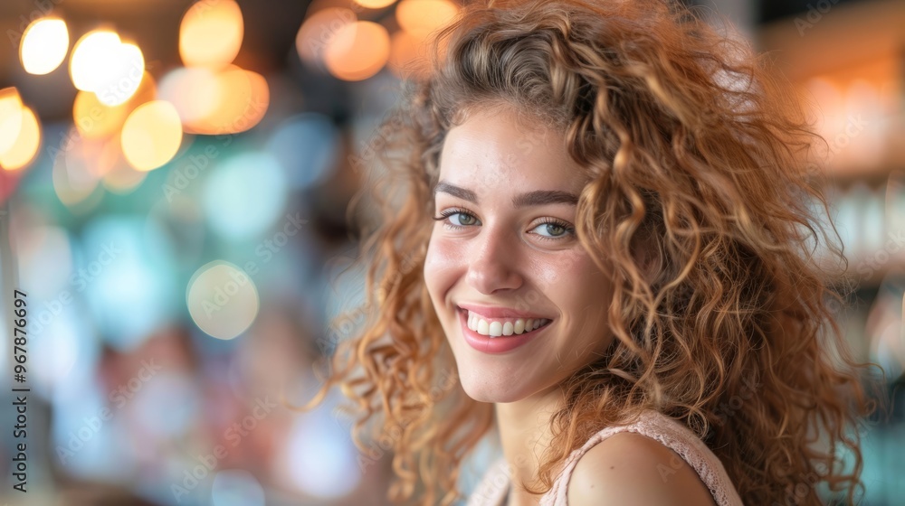 Portrait of young happy curly blonde girl on blurred background of cafe. Portrait of young happy curly blonde girl on blurred background of cafe.