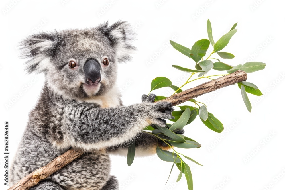 Fototapeta premium A koala is holding a leafy branch in its mouth