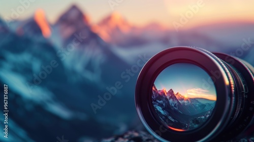 Camera Lens Captures Mountain Range at Sunset