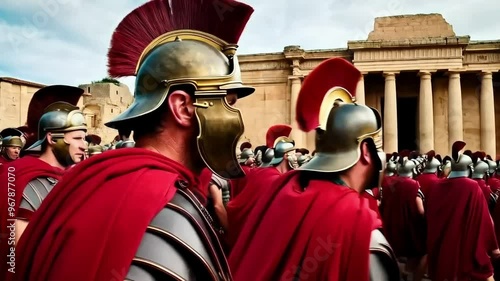 Roman Soldiers in Traditional Armor Standing in Formation by Classical Architecture