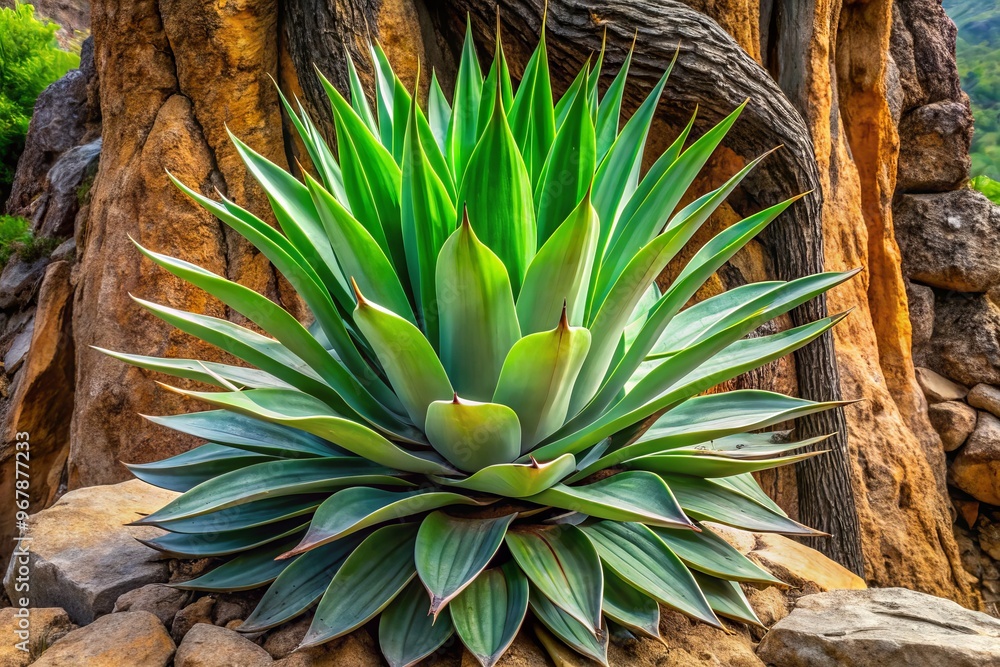 Vibrant green agave maguey leaves unfold from a sturdy trunk, surrounded by rugged earth and rocks, evoking a Vibrant green agave maguey leaves unfold from a sturdy trunk, surrounded by rugged earth and rocks, evoking a