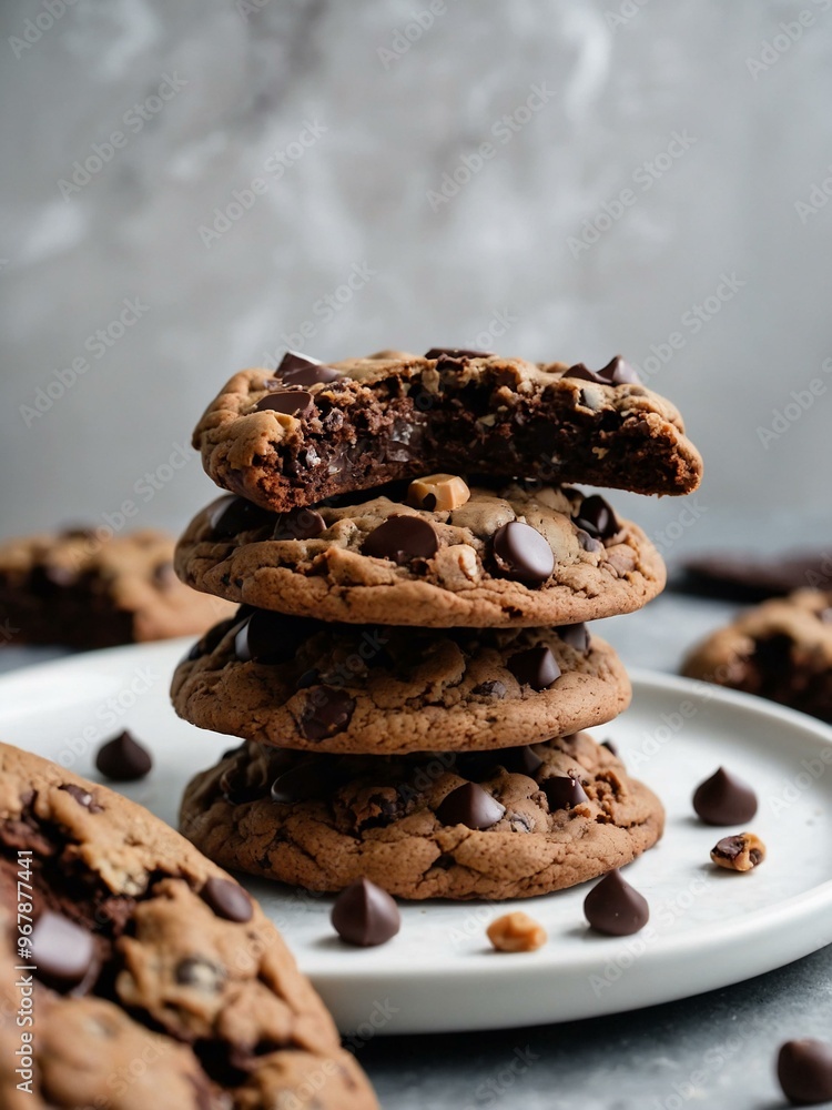 Delicious, chewy brownie chocolate chip cookies on a white plate, highlighting homemade dessert. Delicious, chewy brownie chocolate chip cookies on a white plate, highlighting homemade dessert.