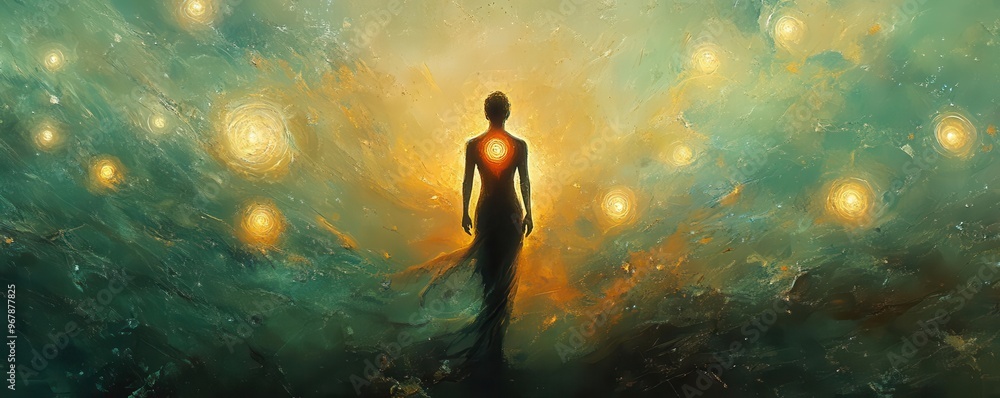 A serene figure with chakras illuminated, surrounded by floating thoughts depicted as orbs of light, chakra mind, intellectual meditation A serene figure with chakras illuminated, surrounded by floating thoughts depicted as orbs of light, chakra mind, intellectual meditation