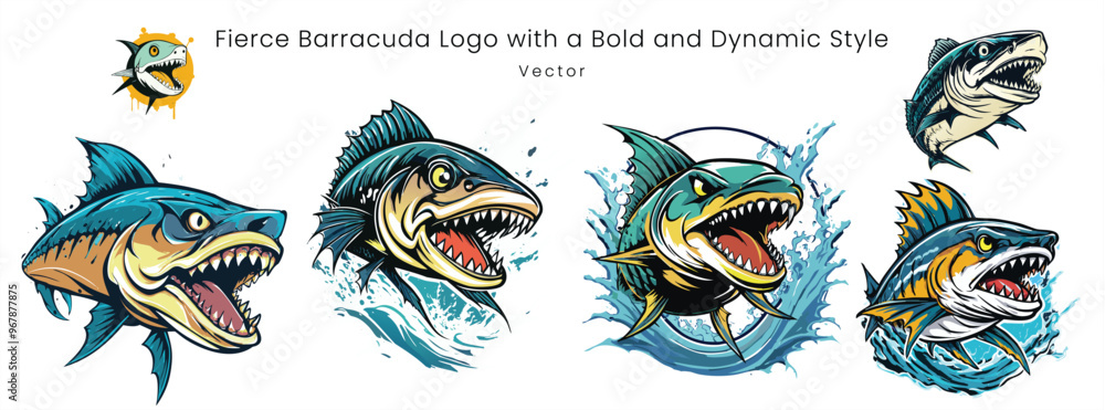 Obraz premium Aggressive Barracuda Fish Logos Vector Illustration