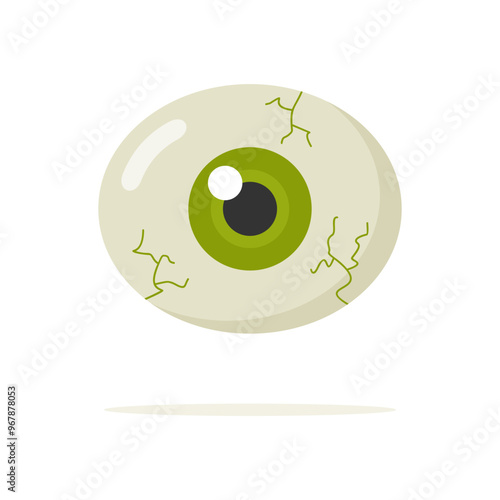 Spooky Halloween eyeball with green iris isolated on white background. Flat vector illustration