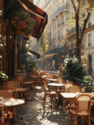 A row of outdoor tables and chairs are set up in a city street