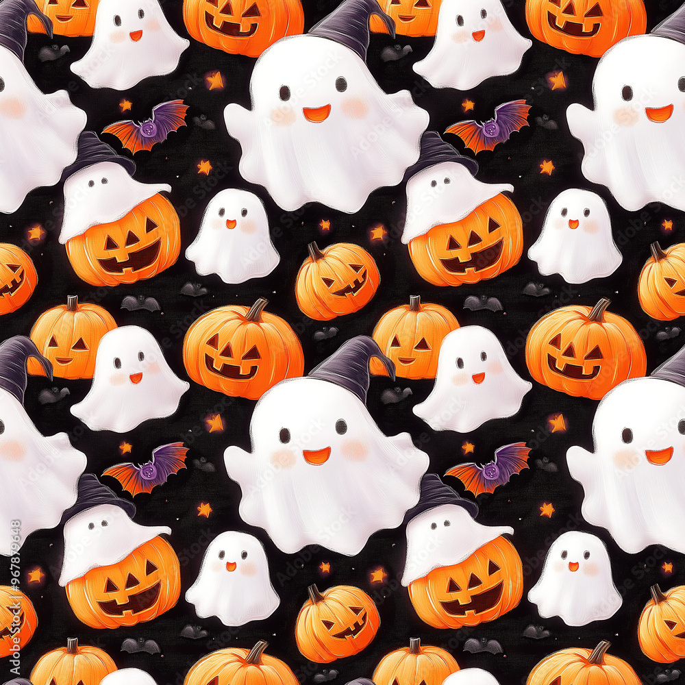 Cute halloween ghosts and pumpkins pattern with bats and stars on black background Cute halloween ghosts and pumpkins pattern with bats and stars on black background