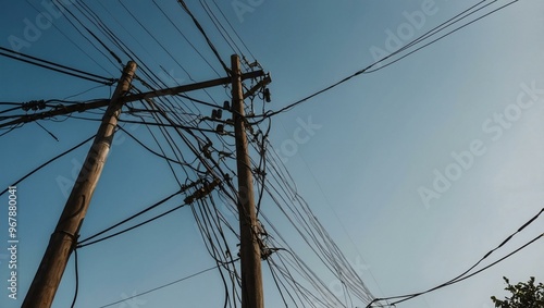 Electric pole with cables stretching under a clear sky.