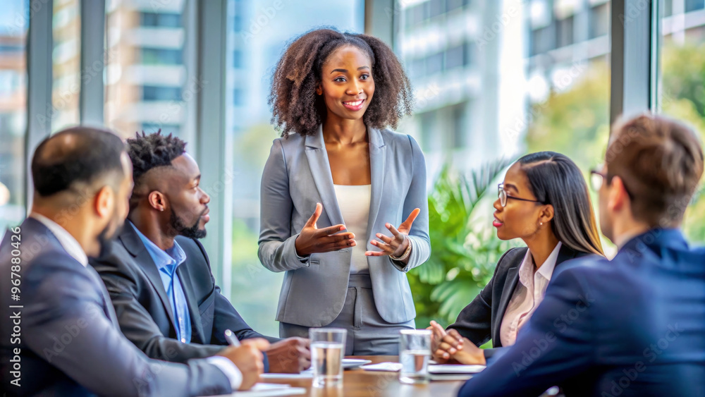Obraz premium A confident black businesswoman addressing her colleagues in modern office setting, showcasing leadership and teamwork
