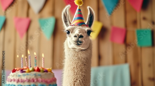 A festive llama wearing a party hat, celebrating with a birthday cake and colorful decorations, perfect for joyful party themes. photo