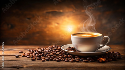 A steaming cup of coffee sits on wooden table surrounded by coffee beans, creating warm and inviting atmosphere perfect for relaxation