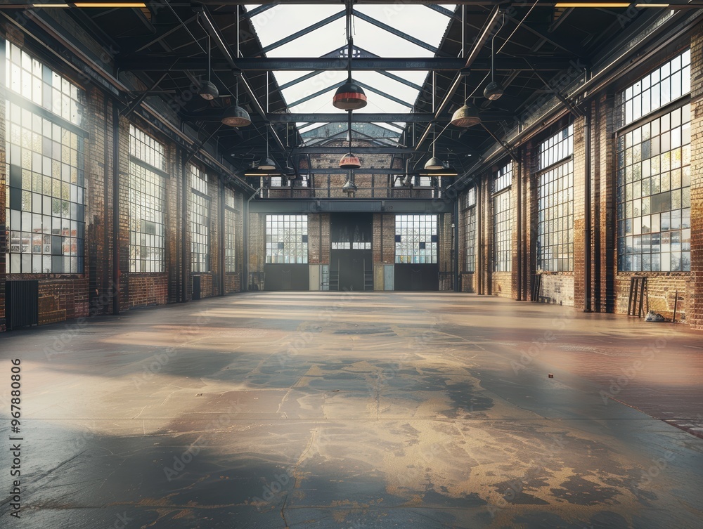 A large, empty warehouse with a lot of windows A large, empty warehouse with a lot of windows