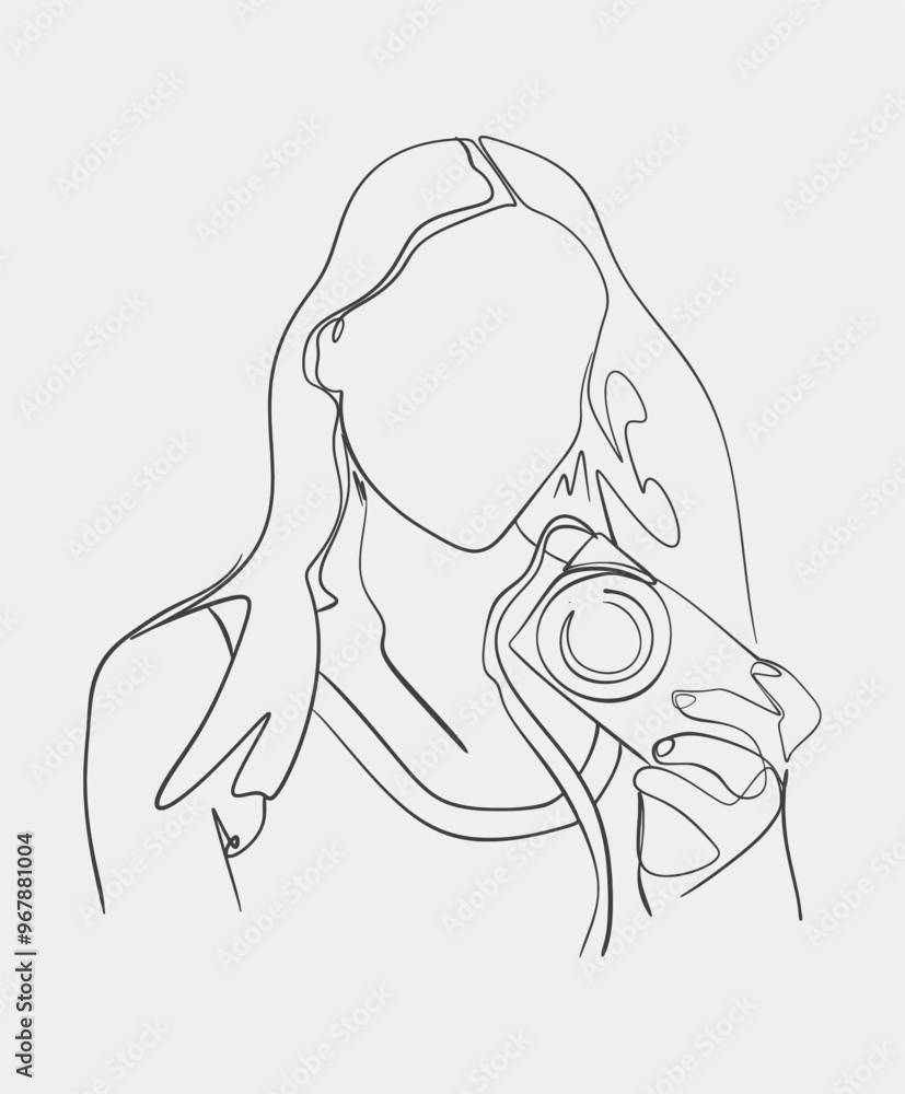 A simple minimalist line drawing of a woman holding a camera, representing photography and creativity in a modern style. A simple minimalist line drawing of a woman holding a camera, representing photography and creativity in a modern style.