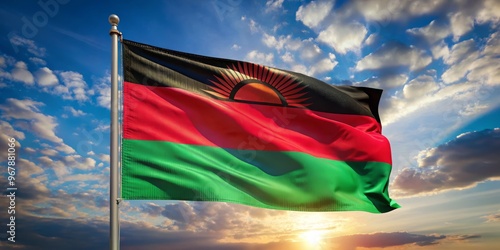 Vibrant national flag of Malawi waving in the wind, featuring three horizontal stripes of black, red, and green, photo