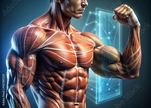 Muscular anatomy of bicep and tricep detailed anatomy complex tissue layers bundle of muscle fibers biometric analysis human body structure photo