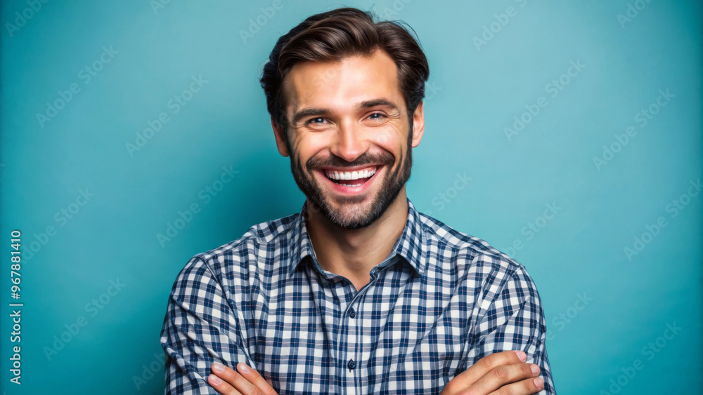 Naklejka premium Smiling man with crossed arms, wearing checkered shirt against blue background, exuding confidence and friendliness. His cheerful expression adds warmth to image