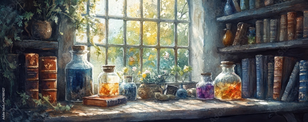 A witch's apothecary filled with ancient books, magical herbs, and colorful potions, with sunlight streaming through an old window in watercolor. A witch's apothecary filled with ancient books, magical herbs, and colorful potions, with sunlight streaming through an old window in watercolor.