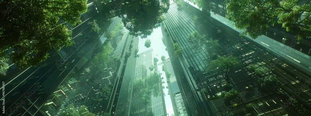 A green cityscape with tall buildings and trees A green cityscape with tall buildings and trees