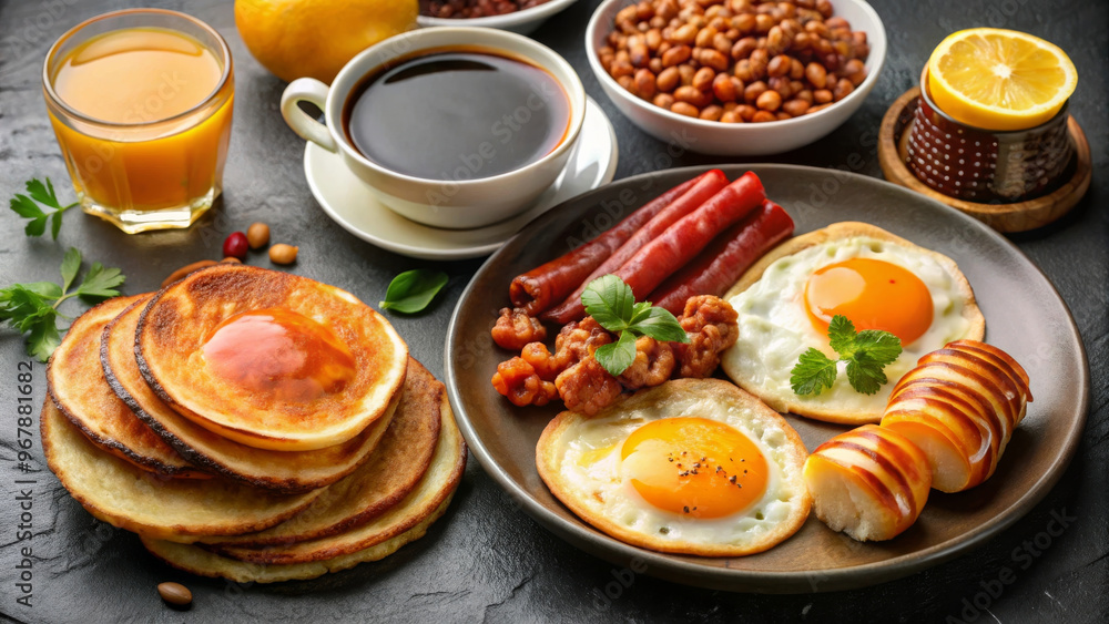 Delicious breakfast spread featuring fried eggs, pancakes, sausages, and beans, served with coffee and juice, creating warm and inviting atmosphere Delicious breakfast spread featuring fried eggs, pancakes, sausages, and beans, served with coffee and juice, creating warm and inviting atmosphere