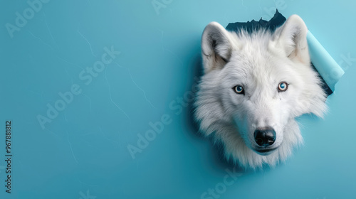 cute arctic wolf peeking through a hole in a blue paper wall