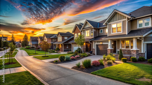 A picturesque street view of new construction neighborhood showcases modern homes under vibrant sunset sky. scene evokes sense of tranquility and community