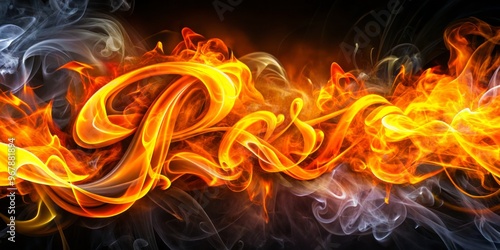 Vibrant orange and yellow flames engulf bold, modern typography, with smoke tendrils curling around the edges, photo