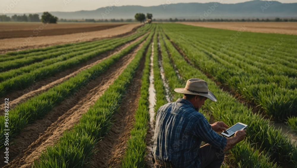 custom made wallpaper toronto digitalFarmer managing irrigation systems in a large wheat field using a smartphone app.