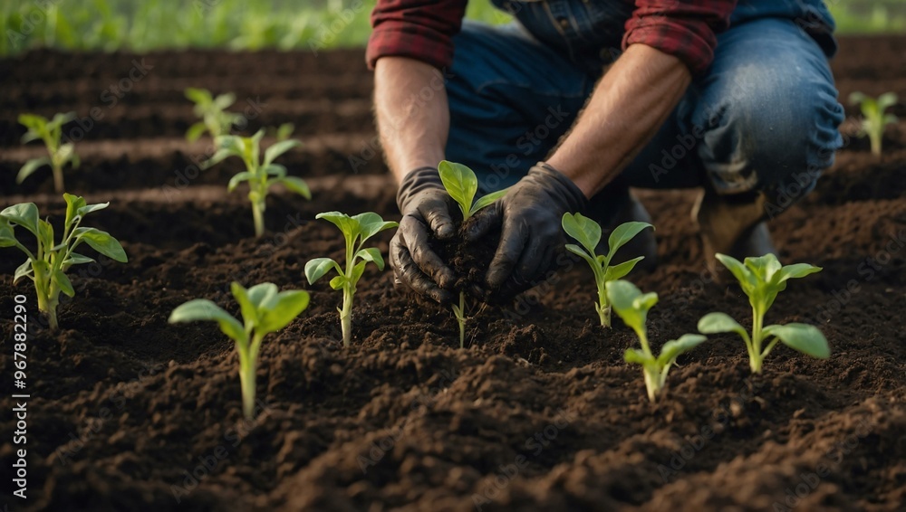 Farmer planting seedlings in rich soil with careful hands. Farmer planting seedlings in rich soil with careful hands.