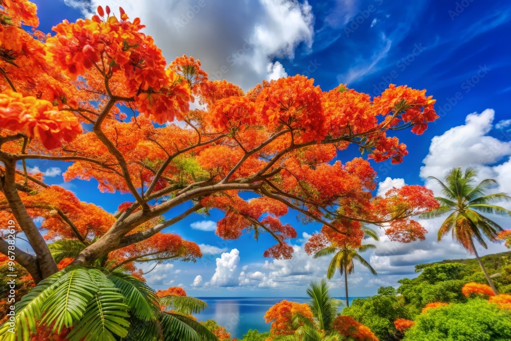 Vibrant orange flowers of the flamboyan tree bloom against a bright blue sky, highlighting the tropical beauty of Vibrant orange flowers of the flamboyan tree bloom against a bright blue sky, highlighting the tropical beauty of