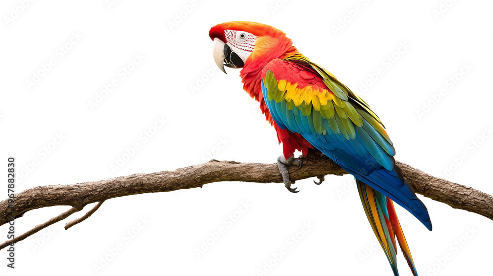 Fototapeta premium Exocotic colorful parrot on tree branch isolated on transparent or white background