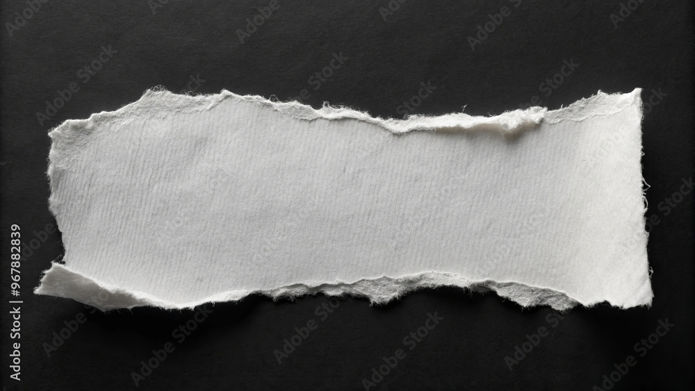 A piece of torn white paper rests on black background, showcasing its textured edges and subtle imperfections. This contrast creates striking visual appeal A piece of torn white paper rests on black background, showcasing its textured edges and subtle imperfections. This contrast creates striking visual appeal