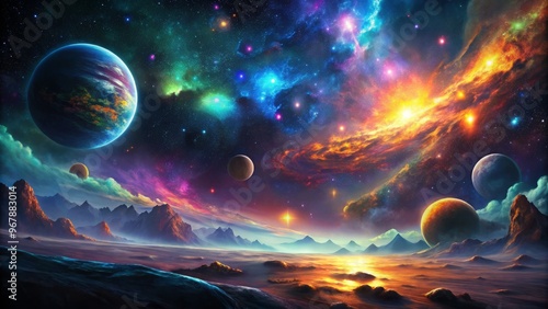 Vibrant, otherworldly landscape with glowing, iridescent nebulae, stars, and planets set against a deep, inky