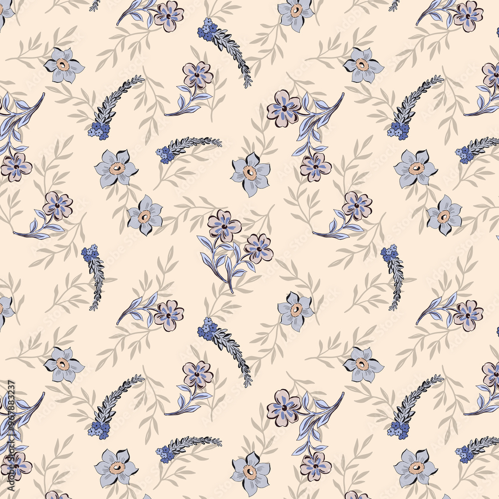 Fototapeta premium Hand drawn botanical blossom illustration outline bouquet blooming seamless pattern f