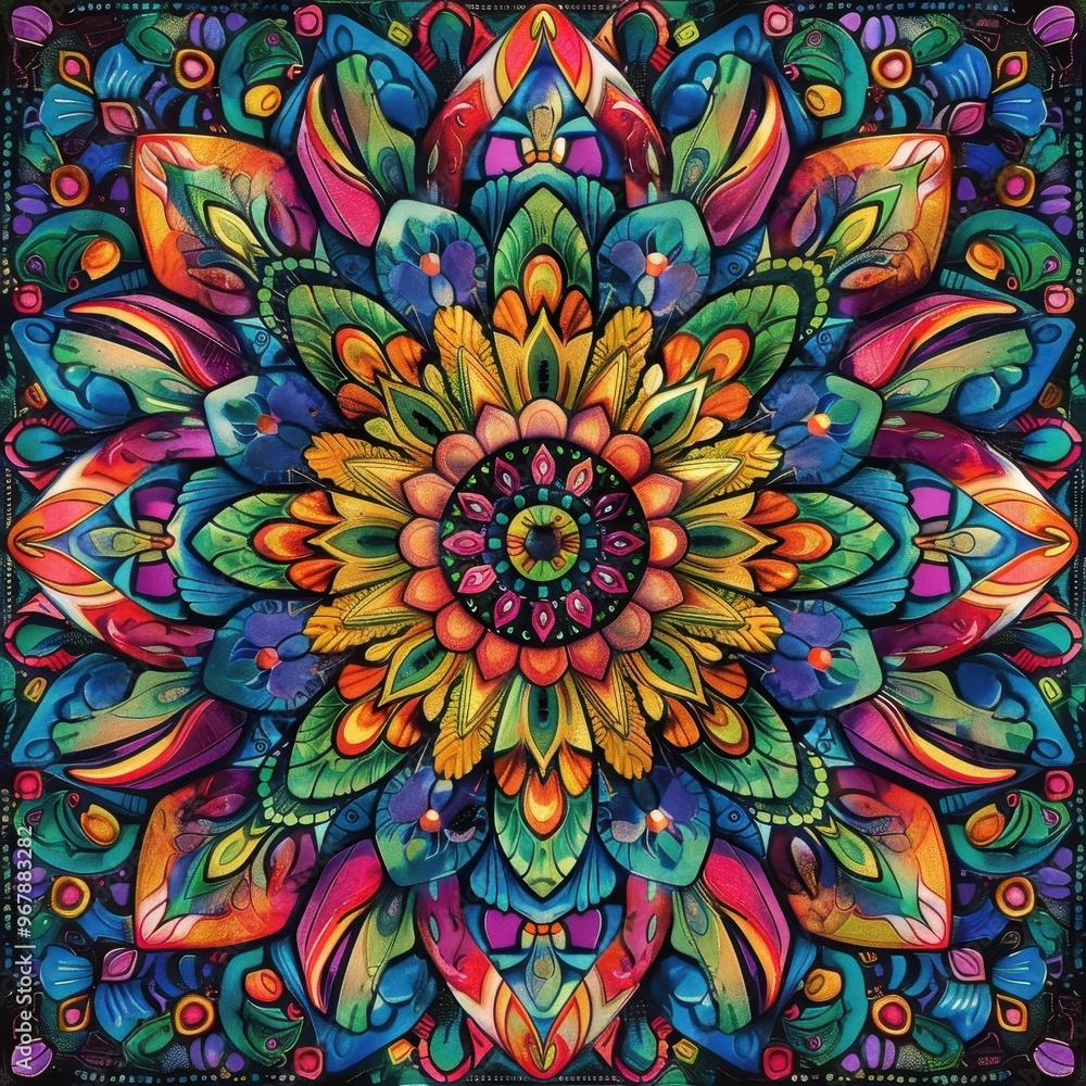 Vibrant, colorful mandala with intricate details and a symmetrical design. Vibrant, colorful mandala with intricate details and a symmetrical design.