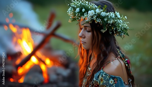 Celebration of Summer Solstice with a woman adorned in a floral wreath surrounded by bonfire, embracing Slavic pagan traditions and witchcore aesthetics photo