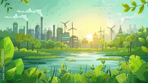 A city with a large body of water and windmills in the background