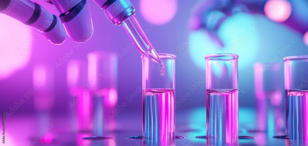 A futuristic lab scene with robotic arms filling test tubes with neon-colored liquids, bright lights reflecting off glass surfaces, a sense of advanced technology and discovery A futuristic lab scene with robotic arms filling test tubes with neon-colored liquids, bright lights reflecting off glass surfaces, a sense of advanced technology and discovery