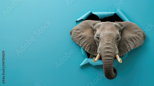 cute african elephant peeking through a hole in a blue paper wall