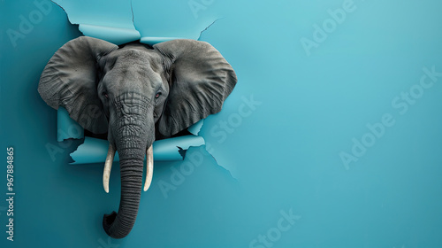 cute african elephant peeking through a hole in a blue paper wall