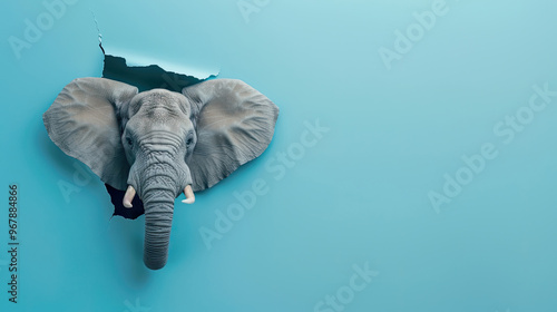cute african elephant peeking through a hole in a blue paper wall