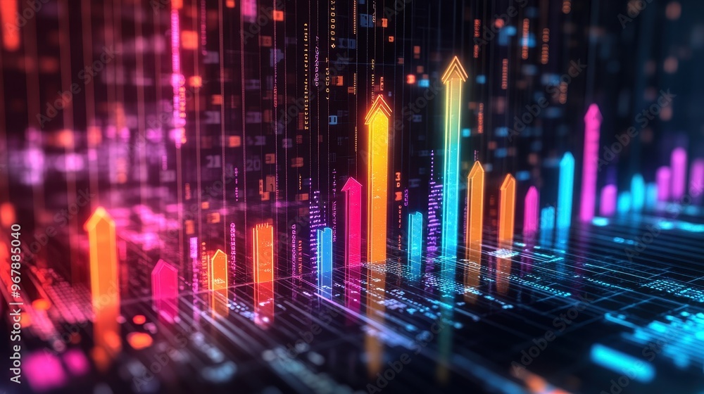 Fototapeta premium Financial growth chart with rising bar graphs and arrows pointing upwards, vibrant colors, high resolution, modern design